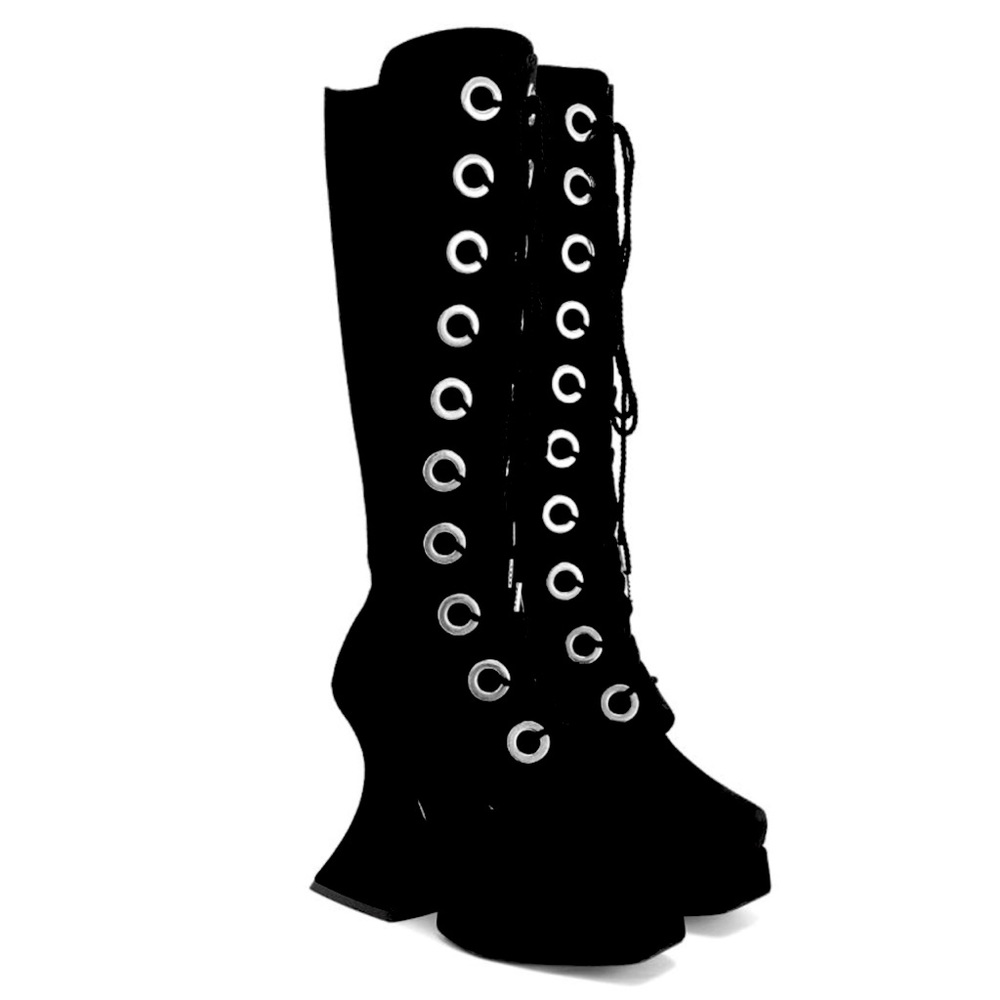 John Fluevog Sampladelic Munster Full Black Suede Gothic Platform Boots Size 10